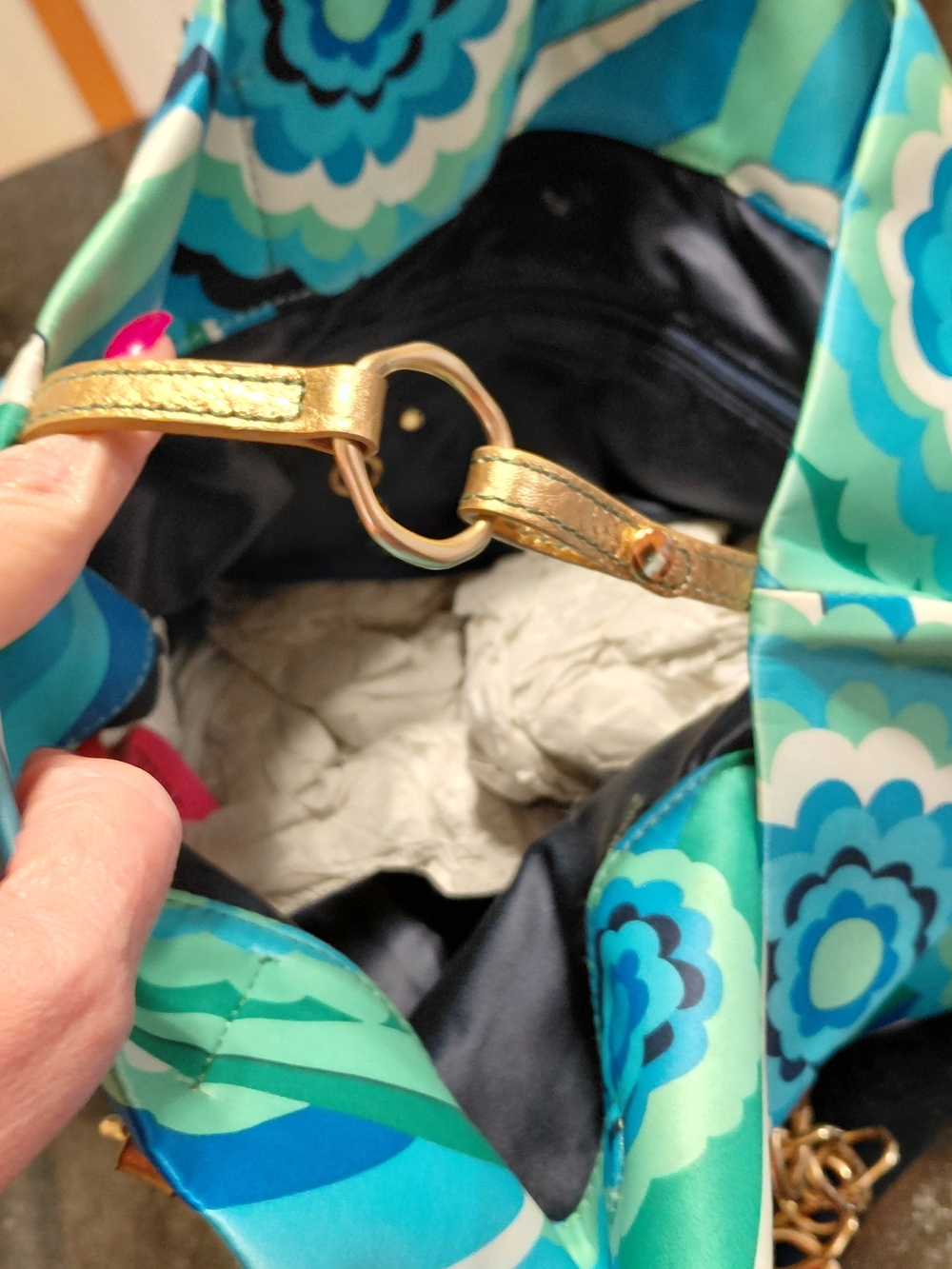 Vtg Y2K Era Juicy Couture Blue Green Satin Floral Chain-Handle Tote GUC! - Picture 4 of 16